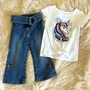 Girls 2T 2 Piece Bundle! Denim Bell Bottoms & Unicorn T-Shirt